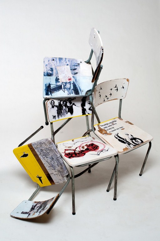 DANYÉ - Nouvelle collection Memories - chaises anciennes récuperées de l'école et reinterprétées avec des souvenirs de l'artiste. Séries limitées (Copier)