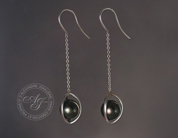 Boucle d'oreille OSIRIS or blanc perles noires (Copier)
