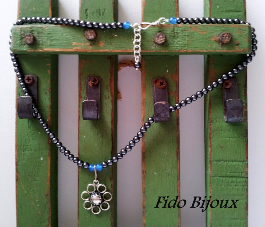 Tour de cou hématite, agate bleu et argent massif