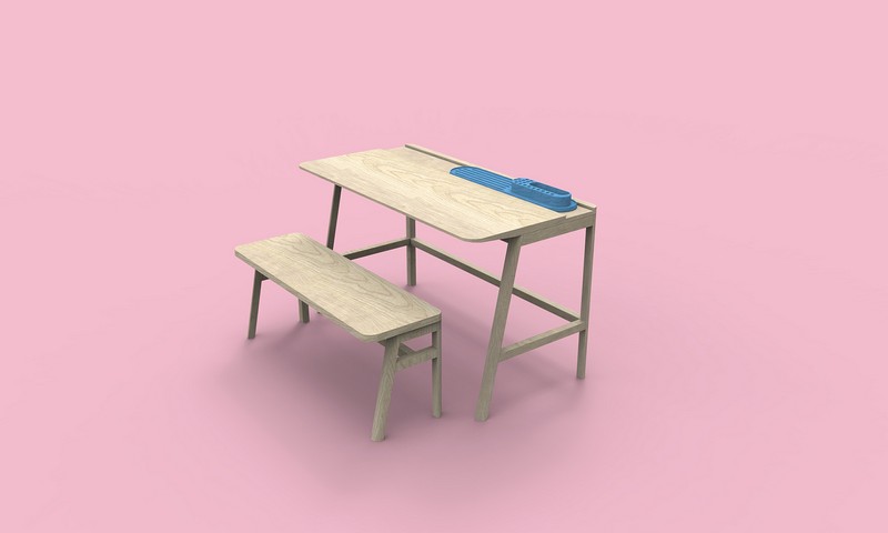 MATHY BY BOLS_VESSEL DESK & BENCH_11_Oak wood_Blue_Pink Backgroud