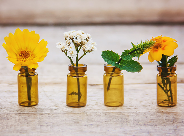 extracts of herbs in small bottles. Selective focus.